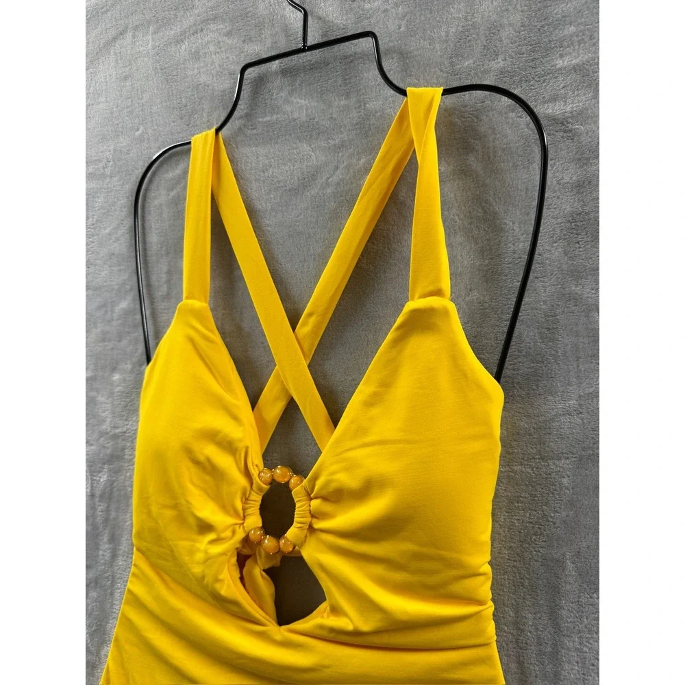 Becca Yellow Beaded Ring One Piece Swimsuit Plunge V-Neck Cross Back Cutout  L